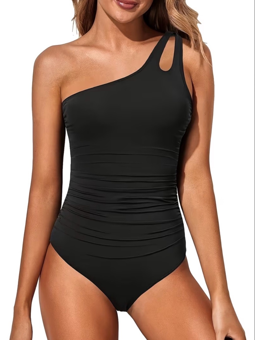 Asymmetric One-Shoulder Black Ruched Women’s Swimsuit